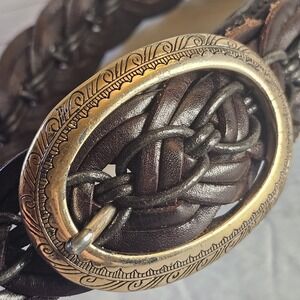Vintage Brighton Belt Womens Small Brown Braided Leather Brass Scroll Buckle VTG